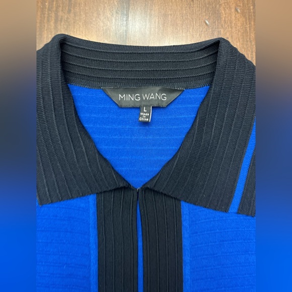 Ming Wang Knit Cardigan Size Large Royal Blue Black Trim Open Business Collar - Picture 3 of 14